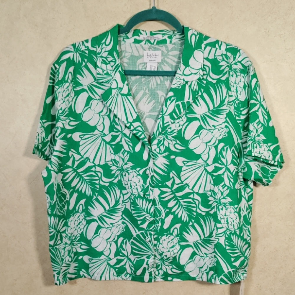 6189 Nicole Miller green & white floral linen button up blouse L